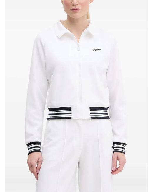 Guess White Zip-Up Striped-Band Sweatshirt
