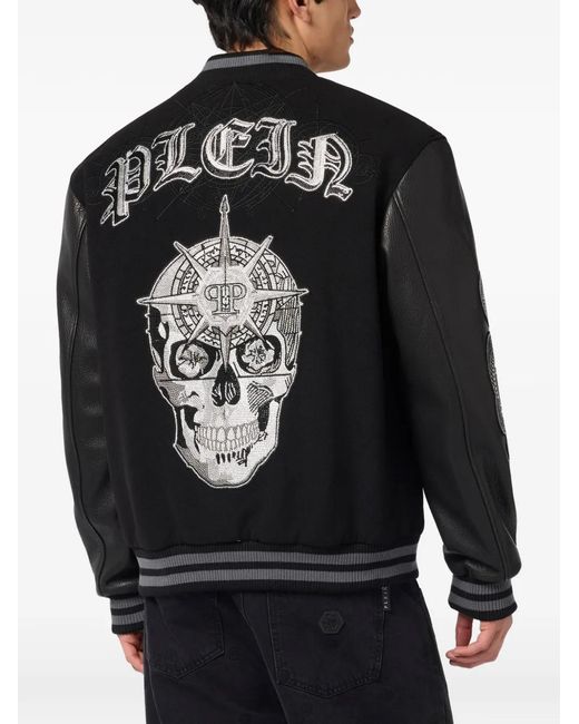 Philipp Plein Black Leather-Sleeves Bomber Jacket for men