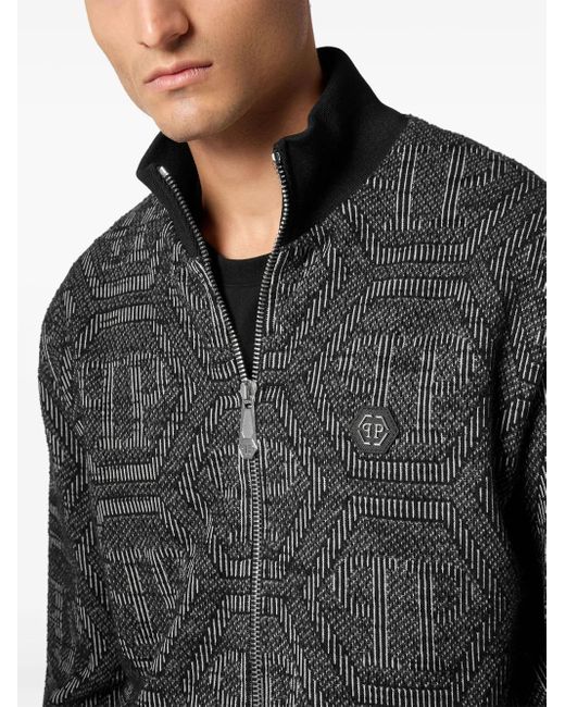 Philipp Plein Black Monogram-Jacquard Bomber Jacket for men