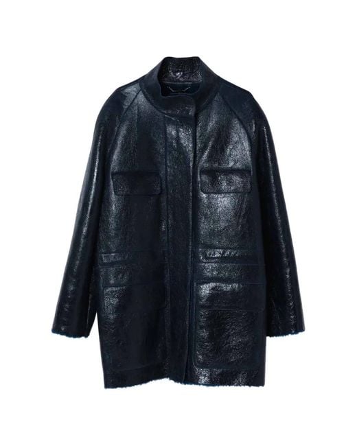 Fendi Blue Crinkled-Finish Single-Breasted Leather Coat