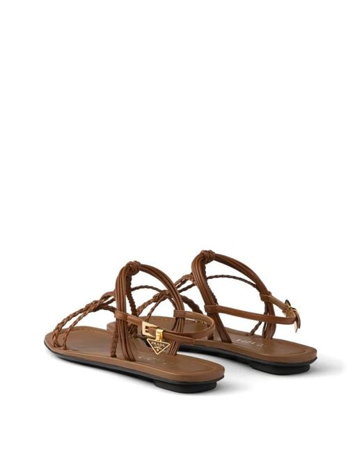 Prada Brown Sandales En Cuir À Semelle Plate
