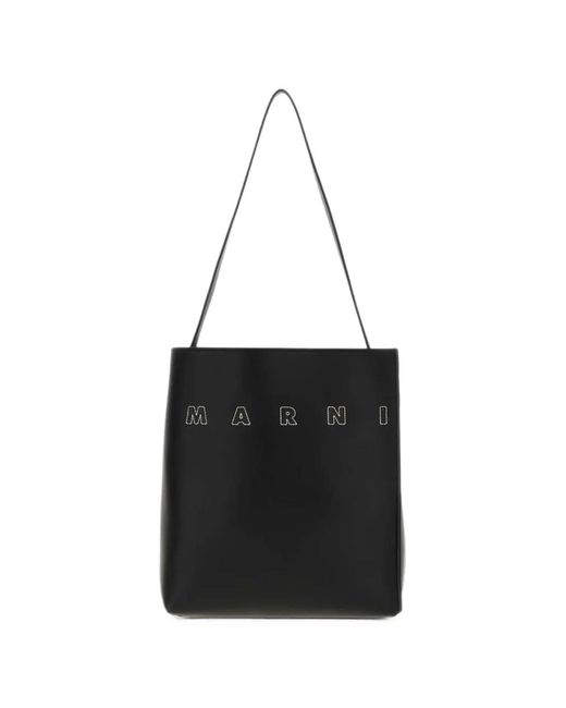 Marni Black Embroidered-Logo Leather Tote Bag