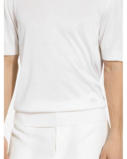 Dolce & Gabbana White Logo-embroidered Silk Knitted Top for men
