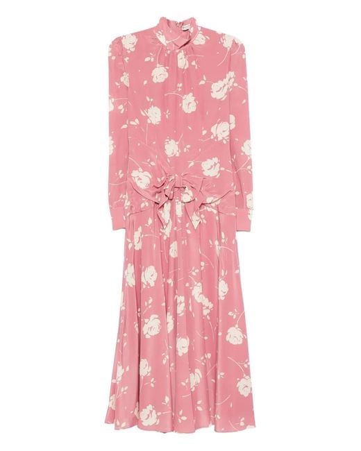 Alessandra Rich Pink Rose-Print Belted Midi Dress