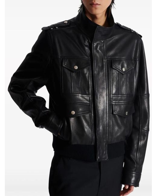 Balmain Black Leather Bomber Jacket for men