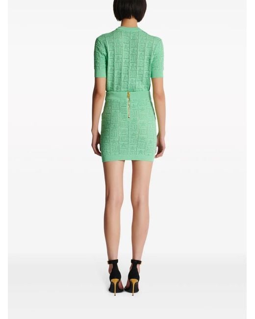 Balmain Green Pointelle-Knit Monogram Miniskirt