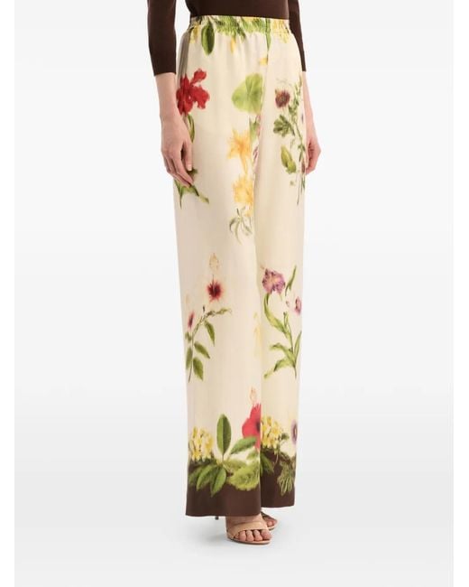 Oscar de la Renta White Dominican Mixed-Floral Wide Leg Pant
