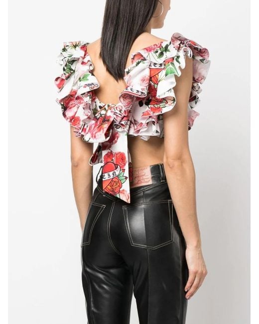 Philipp Plein Red Cropped Floral-Print Blouse