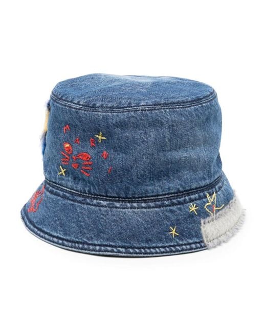 Marni Blue Embroidered Denim Bucket Hat for men