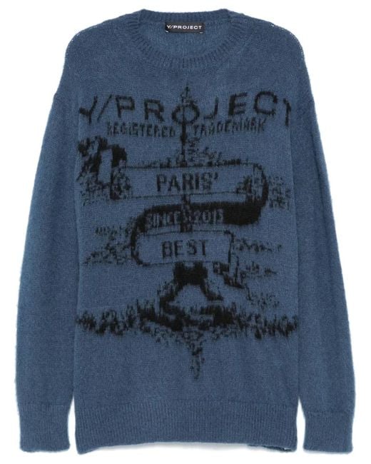 Y. Project Blue Logo-Print Crew-Neck Knitted Sweater