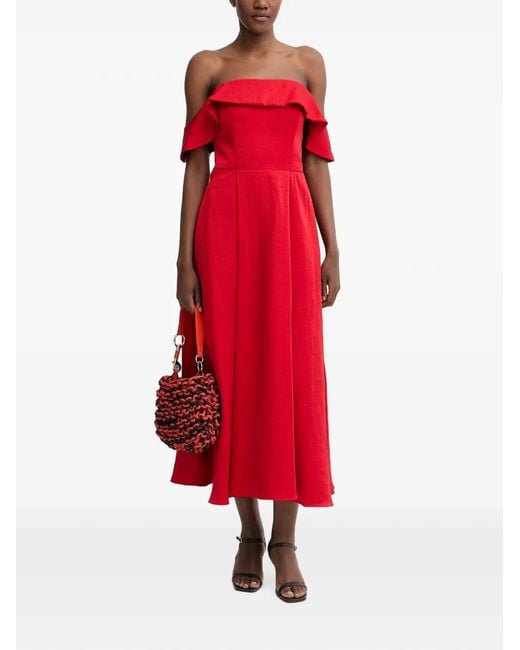 Pedro Del Hierro Madrid Red Ruffled Off-Shoulder Midi Dress