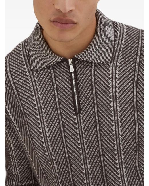 Brunello Cucinelli Gray Herringbone-Pattern Zipped Polo Shirt for men