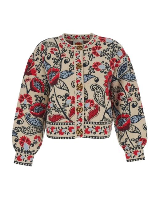 Farm Rio Red Round-Neck Floral-Pattern Cardigan