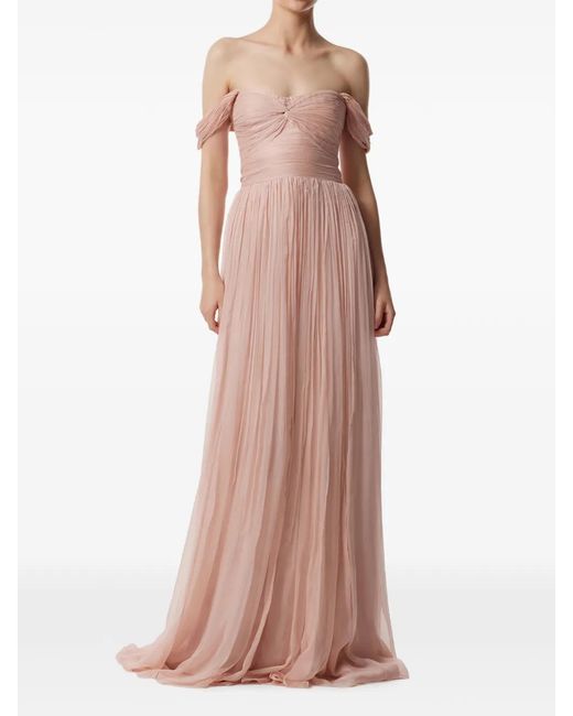 Framboise Pink Robe Longue Roselyn En Soie À Épaules Dénudées