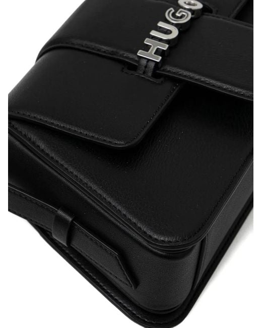 HUGO Black Flap-Detail Logo Shouder Bag
