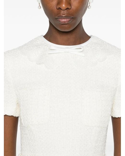 Self-Portrait White Bouclé-Knit Belted Midi Dress