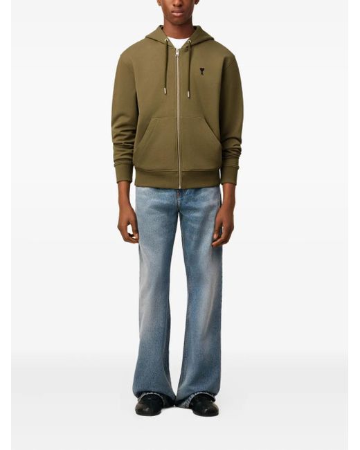 AMI Green Ami De Coeur Zip-Up Hoodie for men