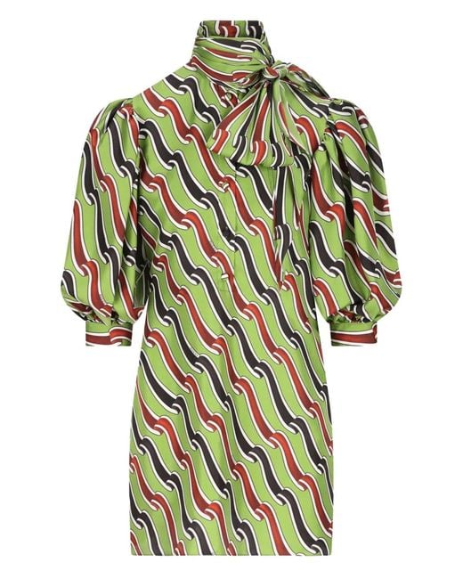 Gucci Green Bow-Neck Patterned Silk Midi Dress