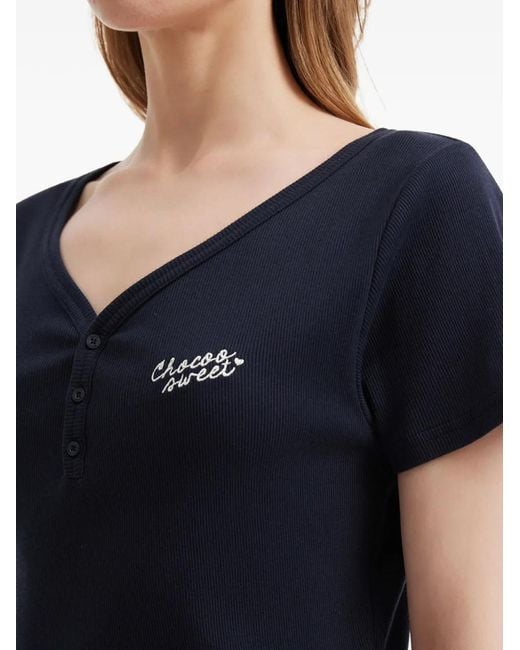 Chocoolate Blue Button Ribbed T-Shirt