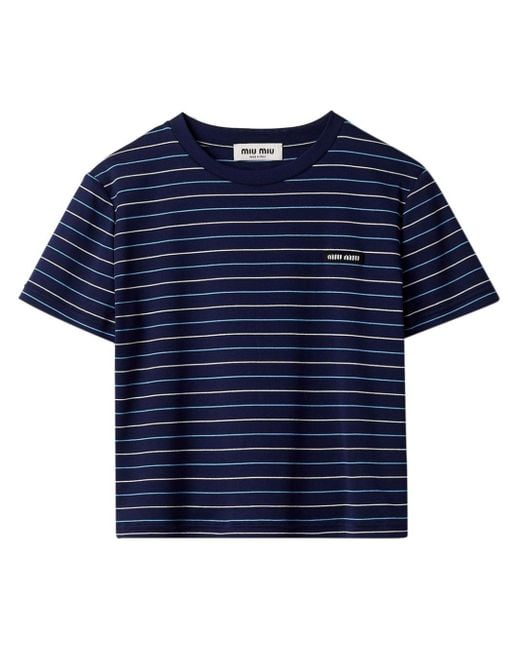 Miu Miu Blue Logo-appliqué Striped T-shirt