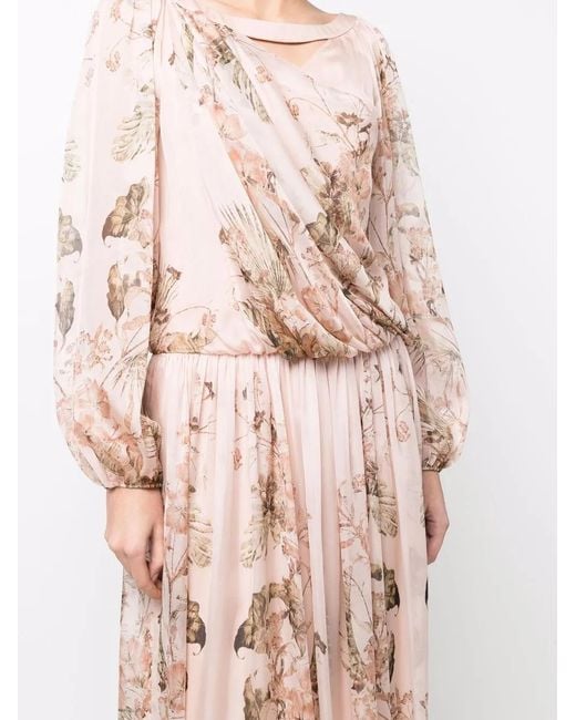 Alberta Ferretti Natural Floral-Print Pleated Dress