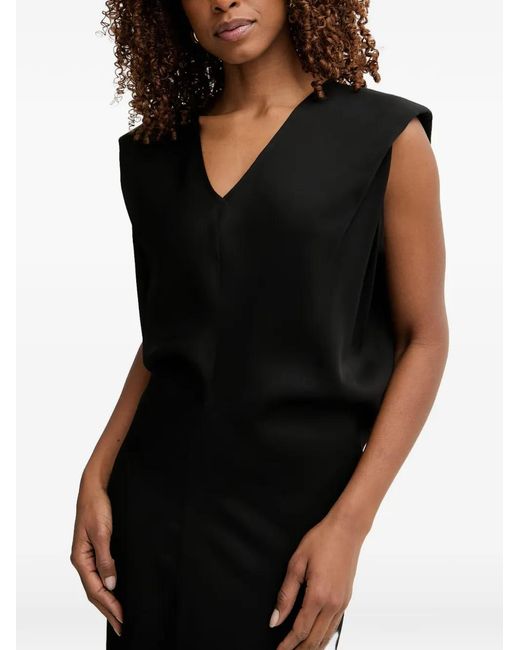 Trussardi Black Padded-Shoulder V-Neck Midi Dress