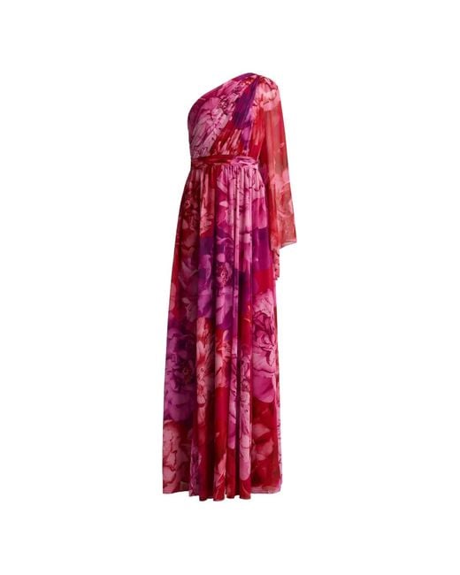 St. John Red Paloma One-Shoulder Floral-Print Dress