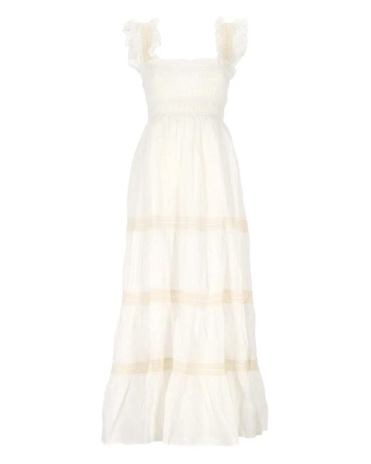 Rixo White Smocked Tiered Cotton Midi Dress