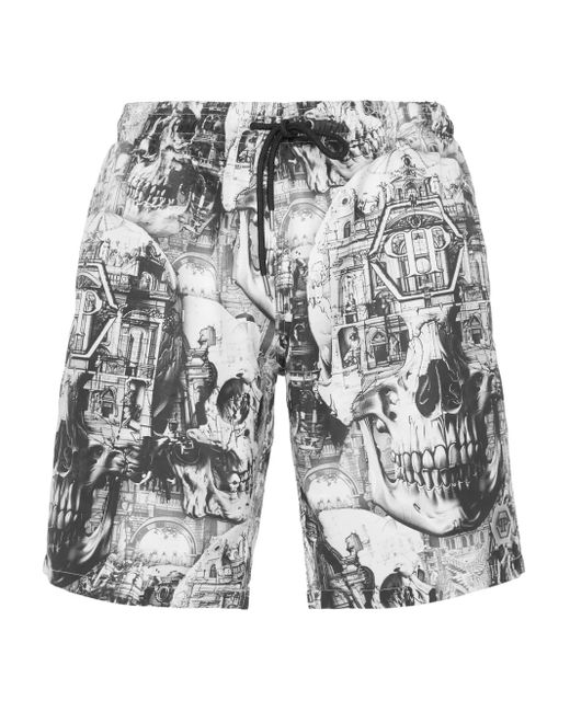 Philipp Plein White Graphic-Print Swim Shorts for men
