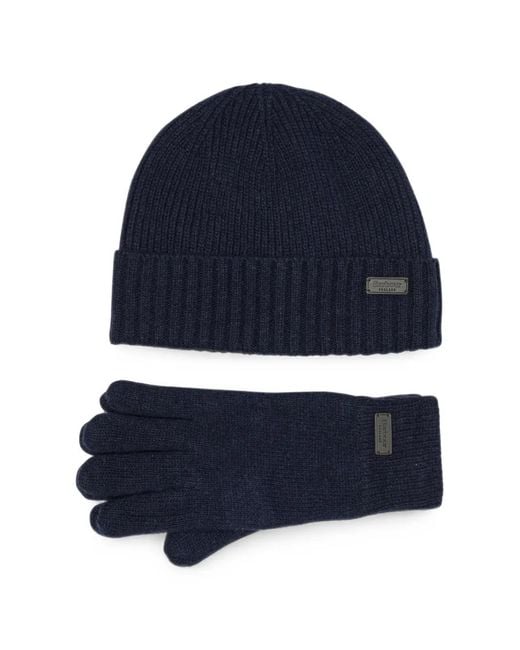 Barbour Blue Ribbed-Knit Beanie Hat And Gloves Set for men