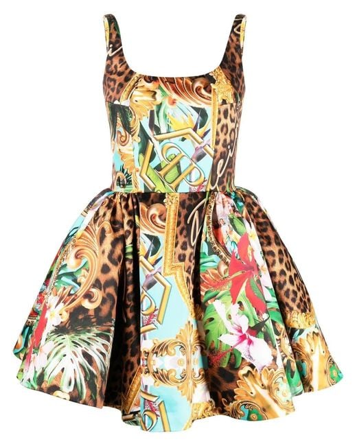 Philipp Plein Multicolor Duchesse Mini Dress With Baroque Flowers Print