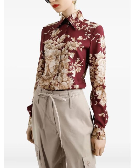 Dolce & Gabbana Red Rose-Print Charmeuse Shirt