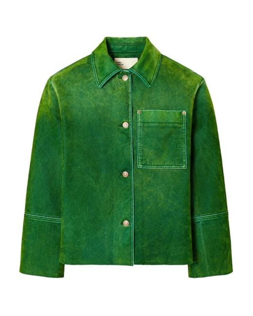 Tory Burch Green Button-Fastening Patch-Pocket Denim Jacket