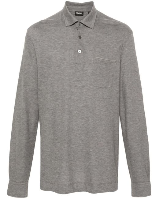 Zegna Gray Long-Sleeve Cotton Polo Shirt for men