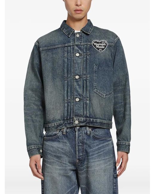 Human Made Blue Logo-Patch Pleated Denim Jacket for men