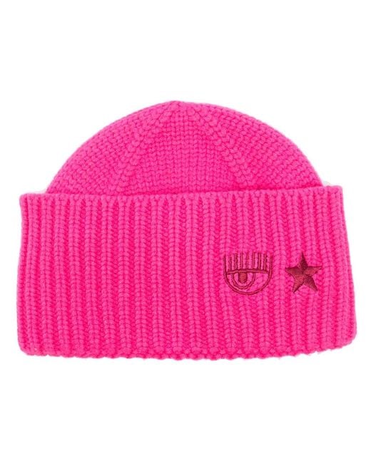 Chiara Ferragni Pink Eye Star-Embroidered Ribbed Beanie