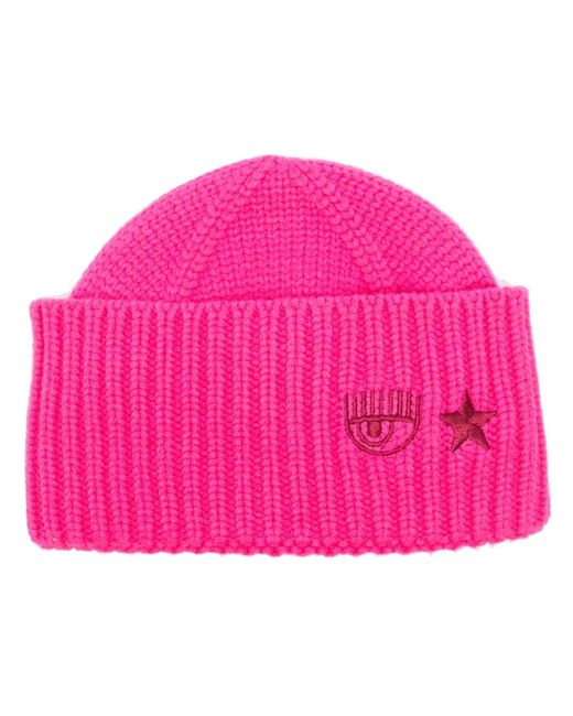 Chiara Ferragni Pink Eye Star-Embroidered Ribbed Beanie