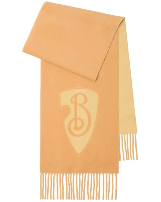 Burberry Orange Knitted Cashmere B Shield Fringed Scarf