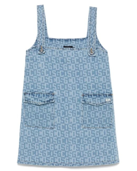 Gcds Blue Monogram-Print Denim Mini Dress