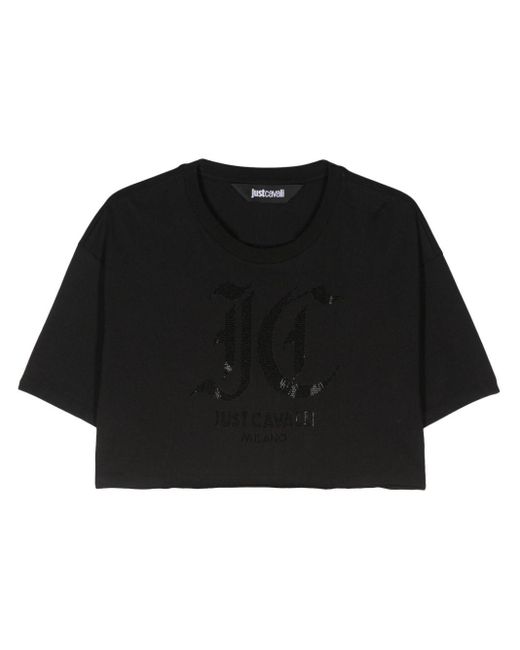 Just Cavalli Black Rhinestone-logo Cotton T-shirt