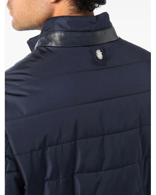Billionaire Blue Quilted Leather-Trimmed Padded Jacket for men