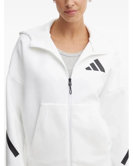 Adidas White Logo-Detail Zip-Up Hoodie