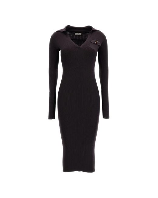 Elisabetta Franchi Black Ribbed-Knit Polo-Collar Midi Dress