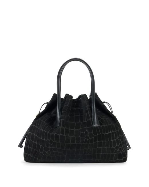 Elisabetta Franchi Black Crocodile Print Suede Bag