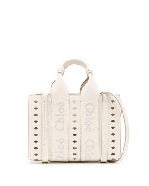 Chloé White Mini Woody Leather Tote Bag