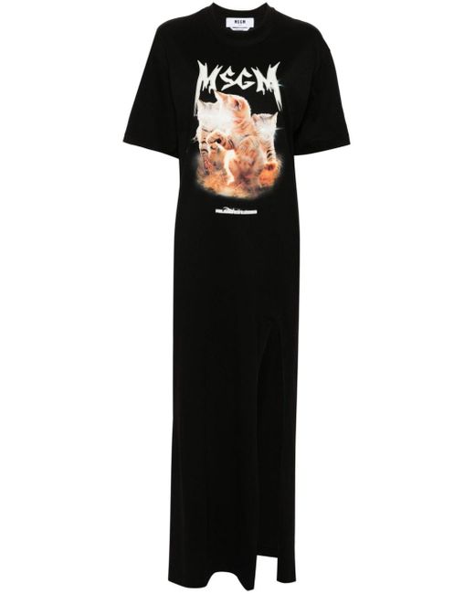 MSGM Black Laser Eyed Cat-print Maxi Dress