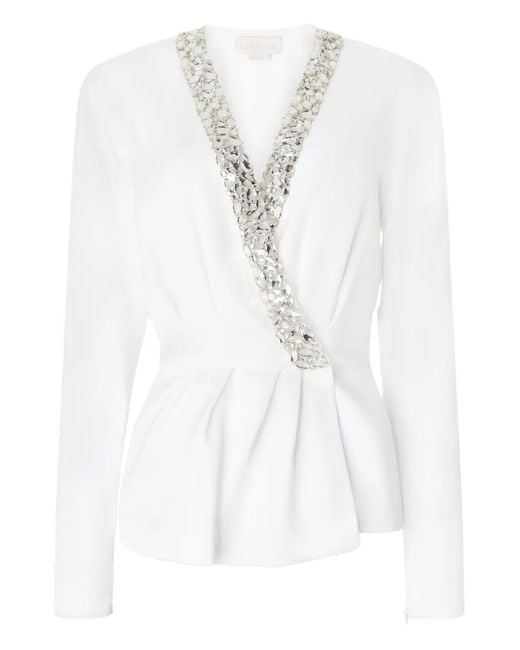 Genny White Crystal-Embellished Wrap Blouse