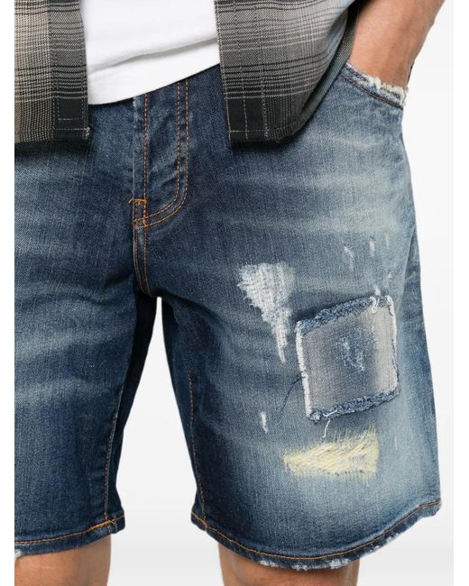 Yes London Blue Distressed Patchwork-Detail Shorts for men