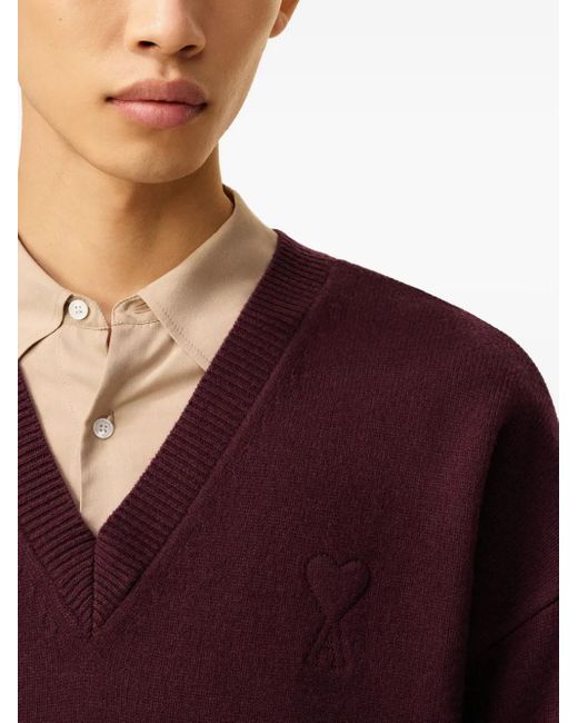 AMI Red Ami De Coeur V-Neck Wool Sweater