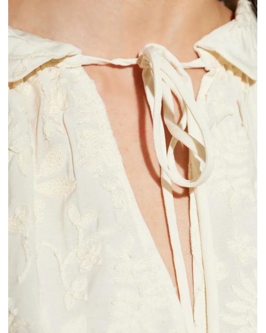 Munthe White Betulli Floral-Embroidered Long-Sleeved Tie-Neck Mini Dress